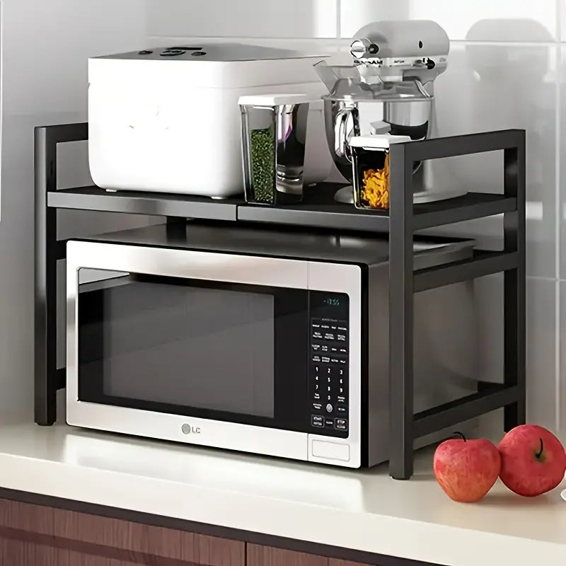 Retractable Microwave Oven Storage Rack - Single Layer, Countertop Bracket Shelf (Black)-1