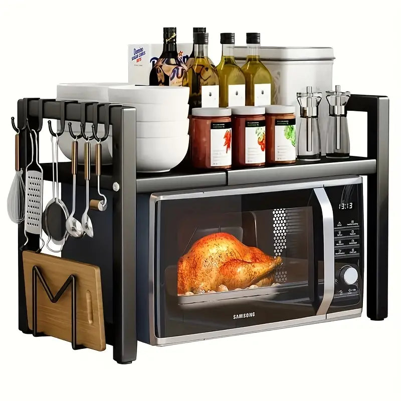 Retractable Microwave Oven Storage Rack - Single Layer, Countertop Bracket Shelf (Black)-0