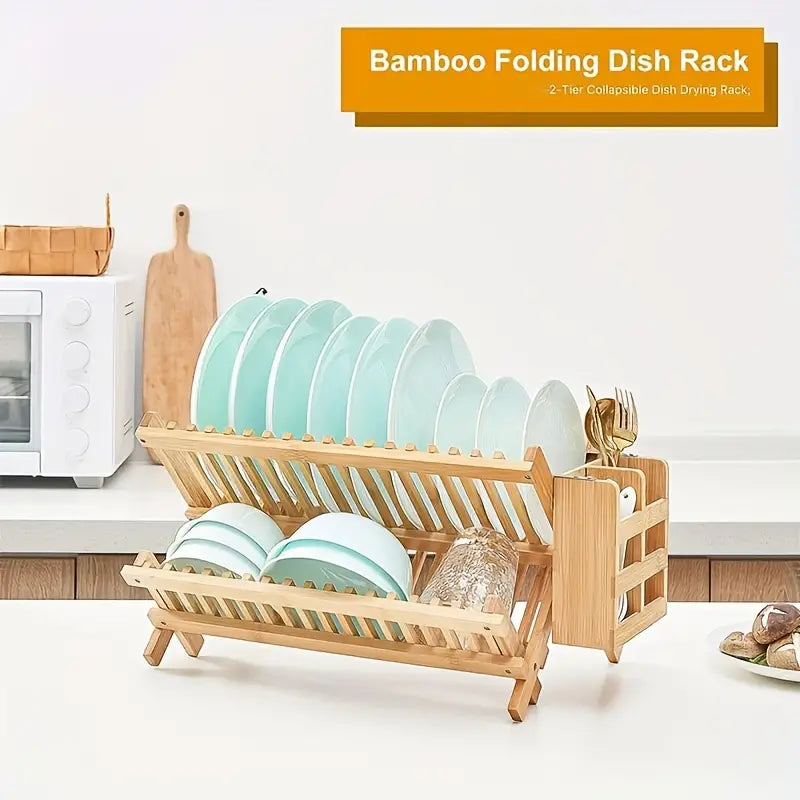 High Quality Natural Bamboo Dish Rack - Foldable and Compact-4