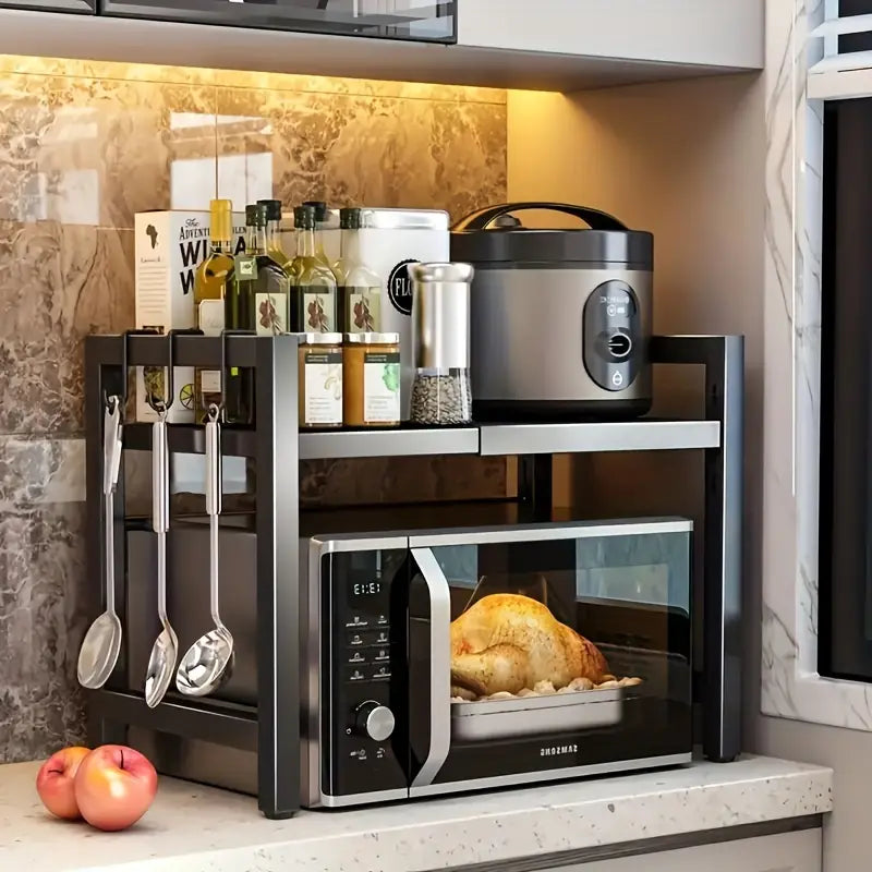 Retractable Microwave Oven Storage Rack - Single Layer, Countertop Bracket Shelf (Black)-2