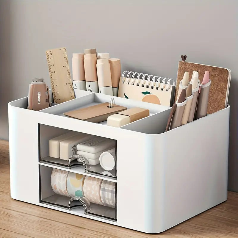 White Pen Organizer with 2 Drawers - Multi-Functional Desk and Office Supplies Holder- White-1