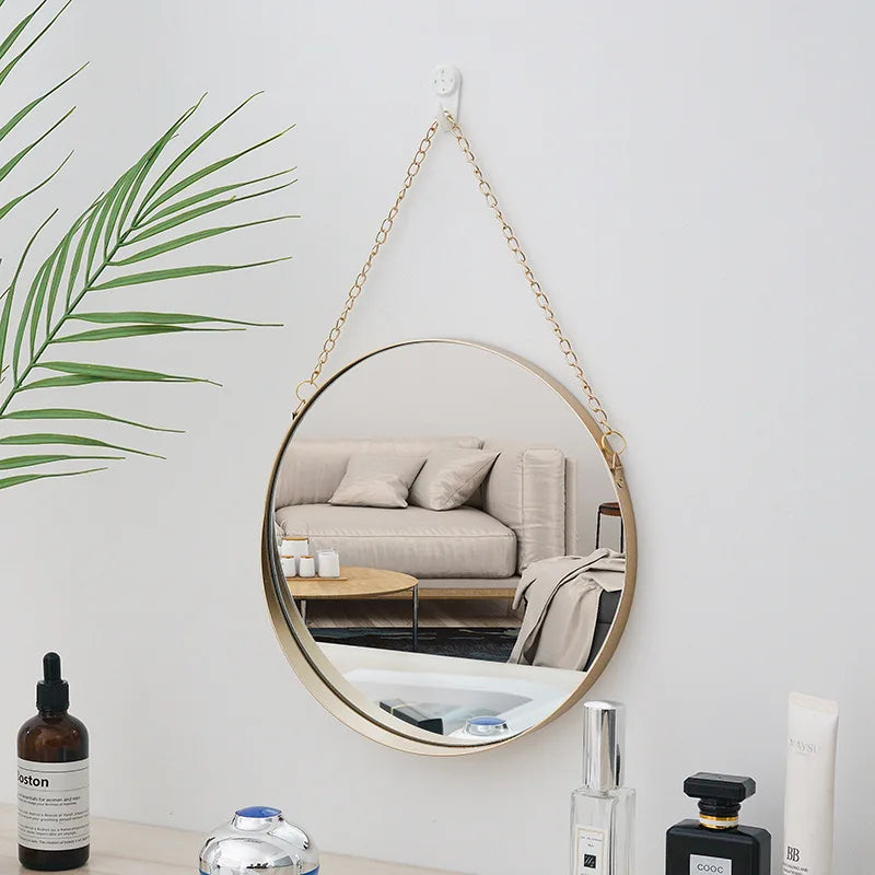 Nordic Metal Bathroom Mirror Round Wall Mount Mirror Hanging Ornament Salon Wall Art Toilet Bathroom Decor Hanging Mirror