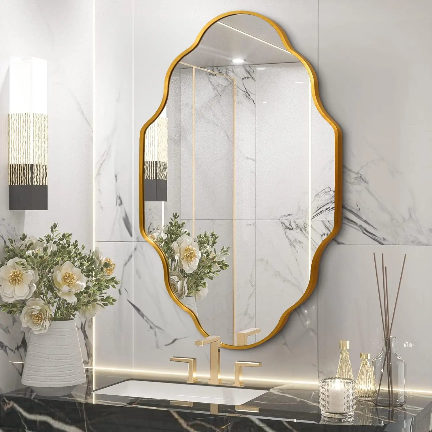 Irregular Wall Mirror Asymmetrical Mirror for Wall 116 x 66 cm Gold/Black Framed Wall Mirror for Living Room Bathroom Entryway