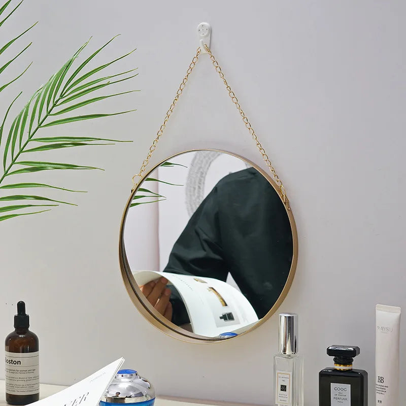 Nordic Metal Bathroom Mirror Round Wall Mount Mirror Hanging Ornament Salon Wall Art Toilet Bathroom Decor Hanging Mirror