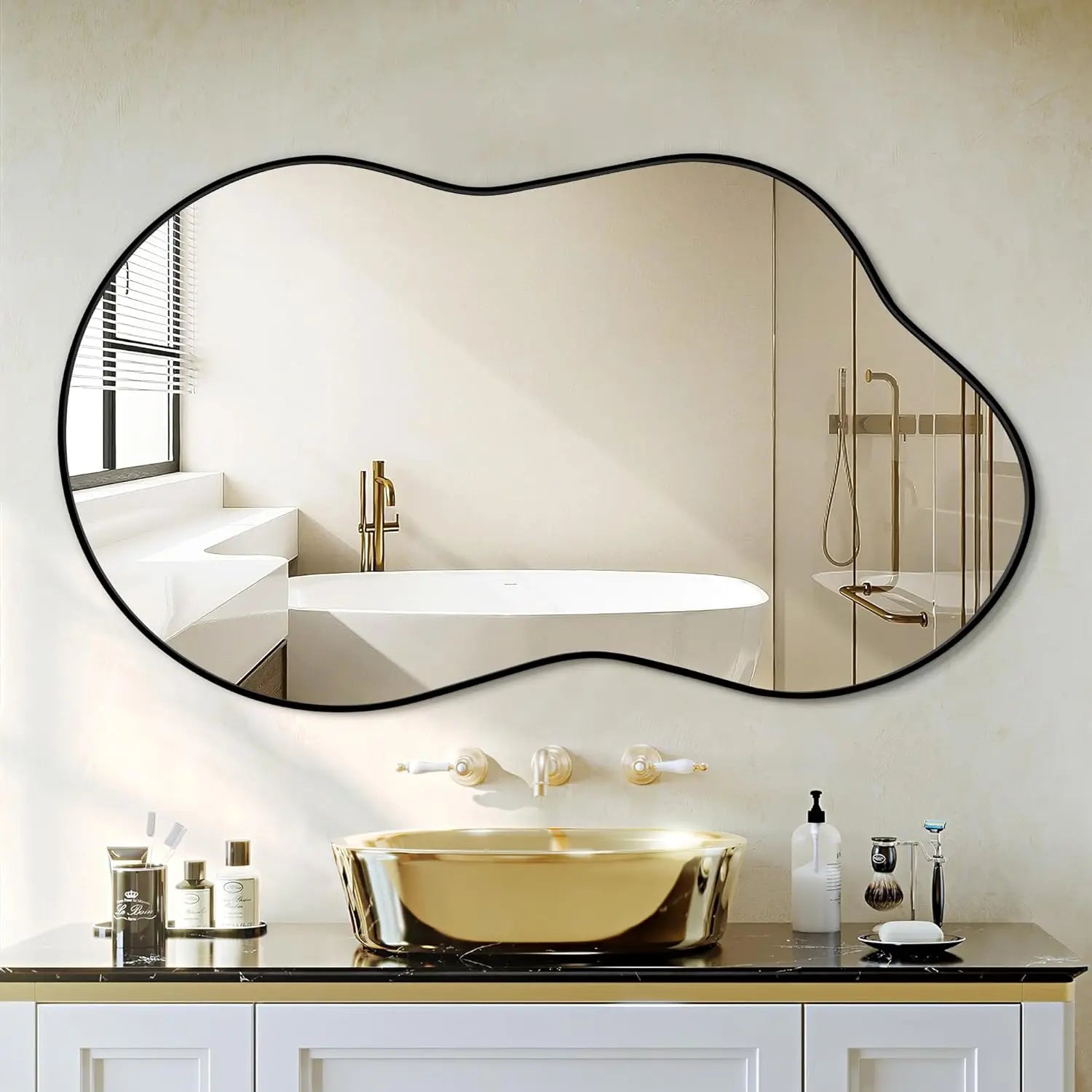 Irregular Wall Mirror Asymmetrical Mirror for Wall 116 x 66 cm Gold/Black Framed Wall Mirror for Living Room Bathroom Entryway