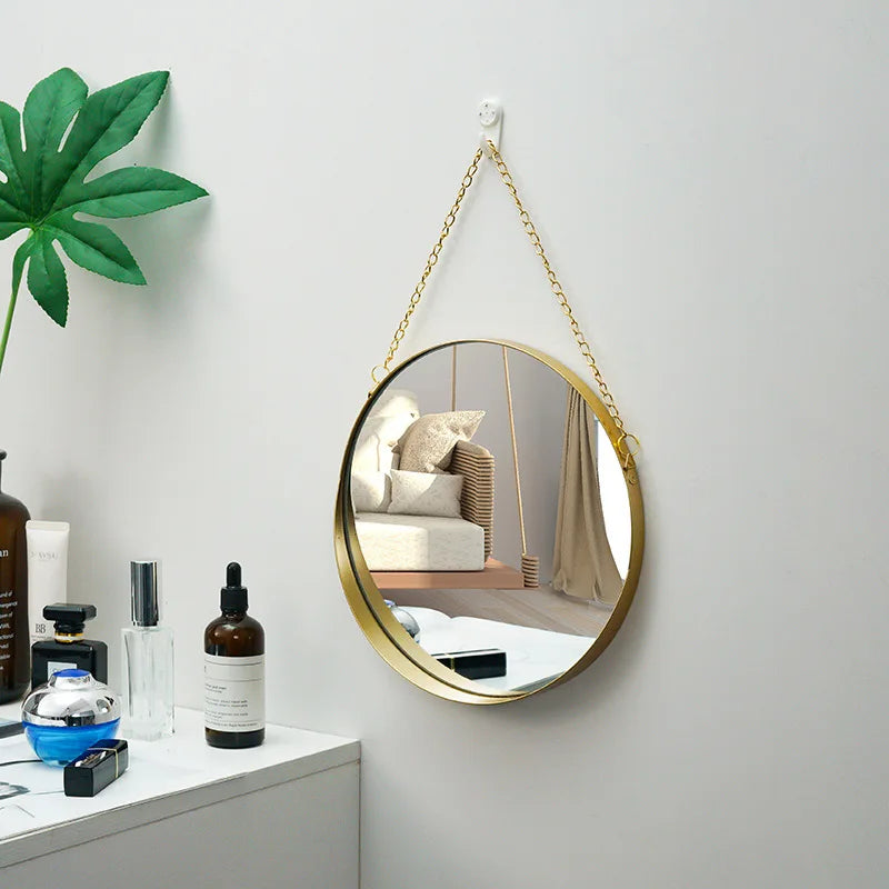 Nordic Metal Bathroom Mirror Round Wall Mount Mirror Hanging Ornament Salon Wall Art Toilet Bathroom Decor Hanging Mirror