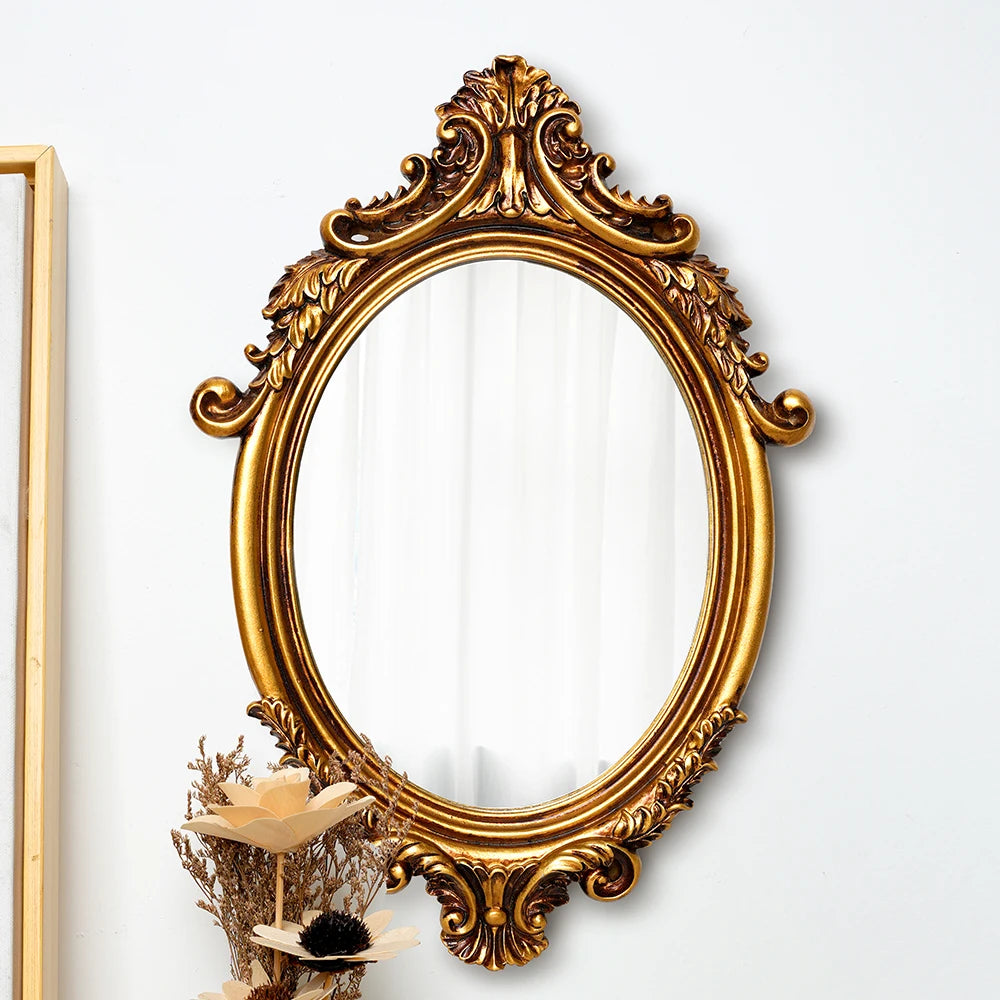 Ornate Gold Oval Mirror, Vintage Baroque Wall Decor Mirror, 37.5cm Hanging Mirror for Home