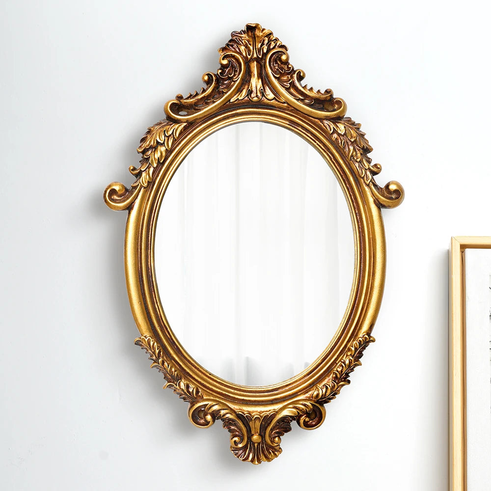 Ornate Gold Oval Mirror, Vintage Baroque Wall Decor Mirror, 37.5cm Hanging Mirror for Home