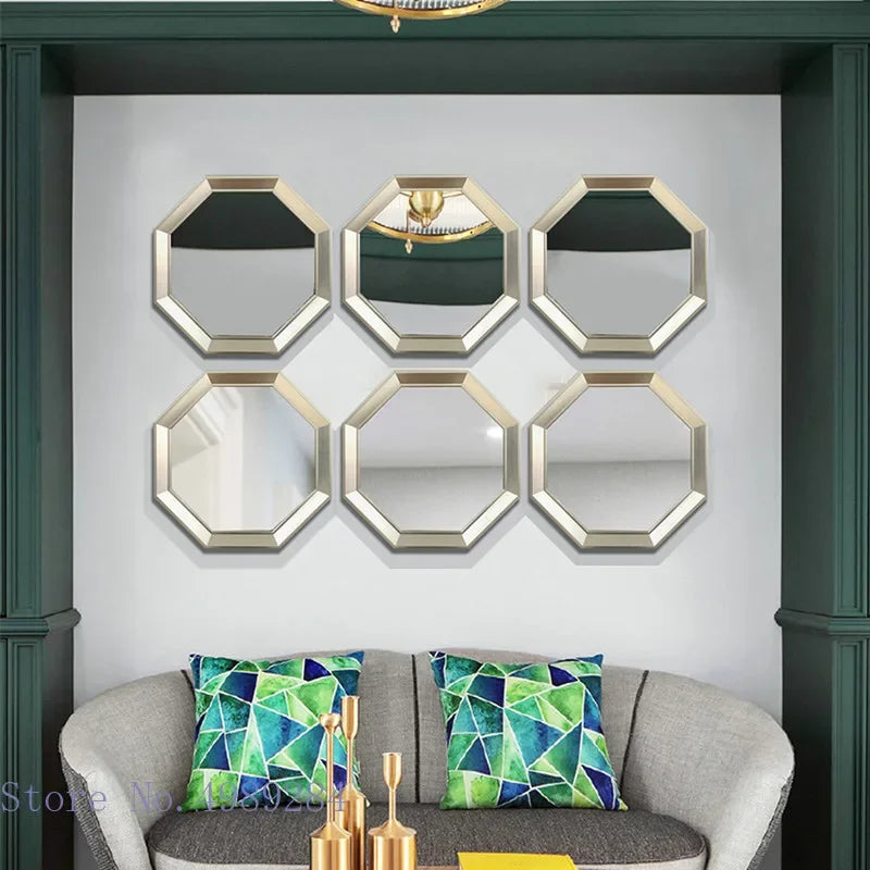 Mirror Wall Glass Wall Hanging Geometric Octagon Golden Border Background Wall Decoration Makeup Mirror Combination Pendant