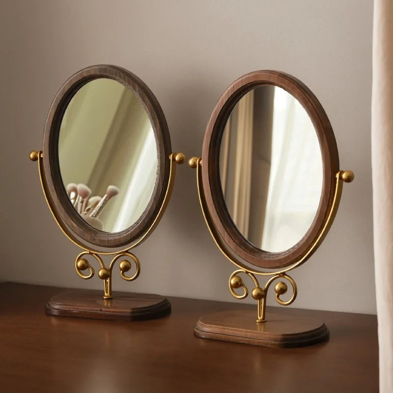 Vintage Wooden Makeup Mirror - Stylish Rotatable Desktop Mirror for Home Use, Practical Bedroom Stand Mirror with Classic Asian