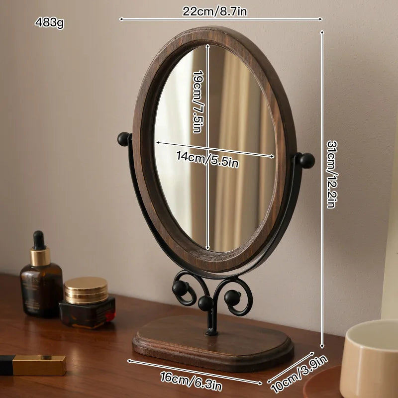 Vintage Wooden Makeup Mirror - Stylish Rotatable Desktop Mirror for Home Use, Practical Bedroom Stand Mirror with Classic Asian