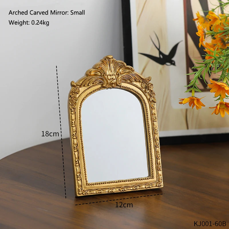 Vintage Arched Carved Mirror Luxurious Desktop Makeup Mirror Home Bedroom Decoration Gift