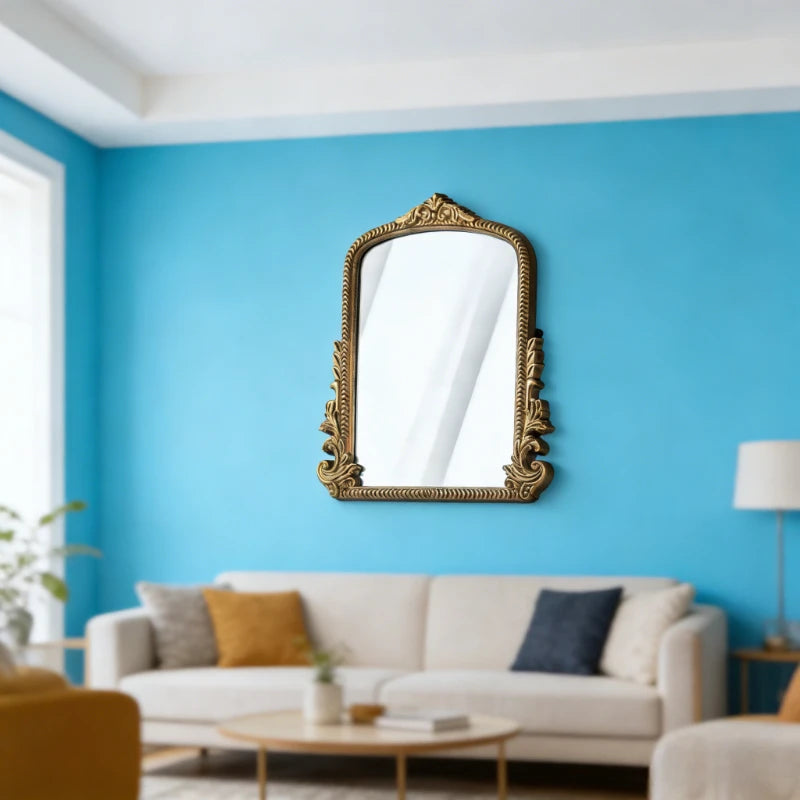 Vintage French Baroque Ornate Wall Mirror Arched Gold Wooden Frame Tabletop Vanity Mirror for Living Room Bedroom Decor