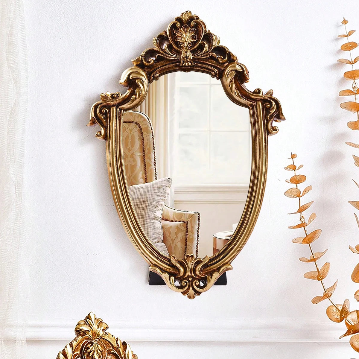 1PC, Resin Material European Classical Style Gold Pattern Special-Shaped Mirror Ornament, Can Be Hung or Placed