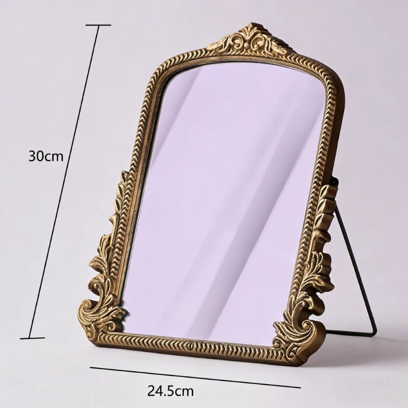 Vintage French Baroque Ornate Wall Mirror Arched Gold Wooden Frame Tabletop Vanity Mirror for Living Room Bedroom Decor