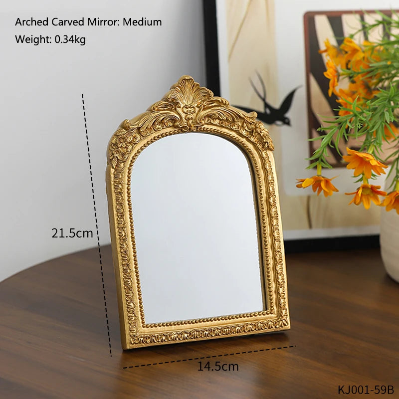 Vintage Arched Carved Mirror Luxurious Desktop Makeup Mirror Home Bedroom Decoration Gift