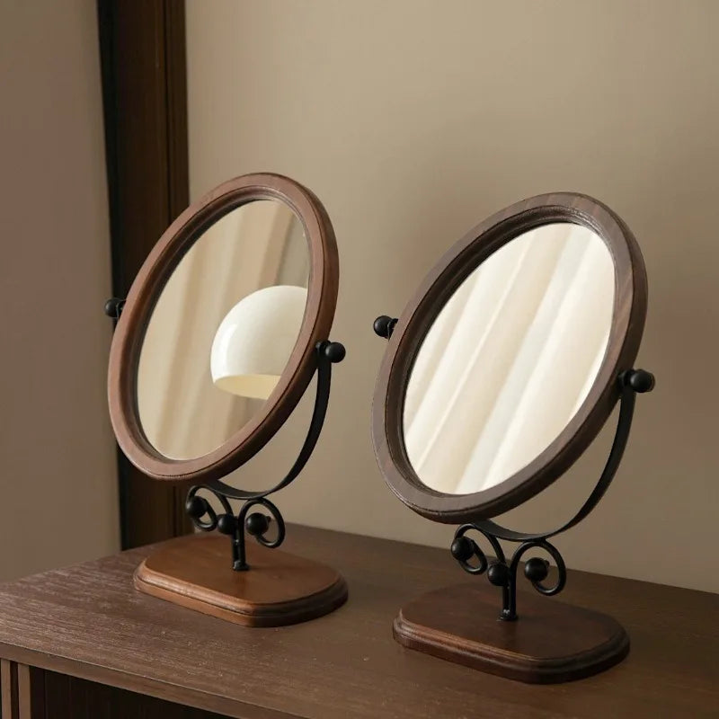 Vintage Wooden Makeup Mirror - Stylish Rotatable Desktop Mirror for Home Use, Practical Bedroom Stand Mirror with Classic Asian