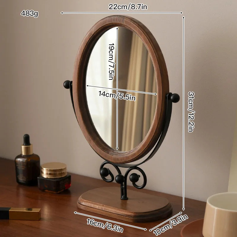 Vintage Wooden Makeup Mirror - Stylish Rotatable Desktop Mirror for Home Use, Practical Bedroom Stand Mirror with Classic Asian