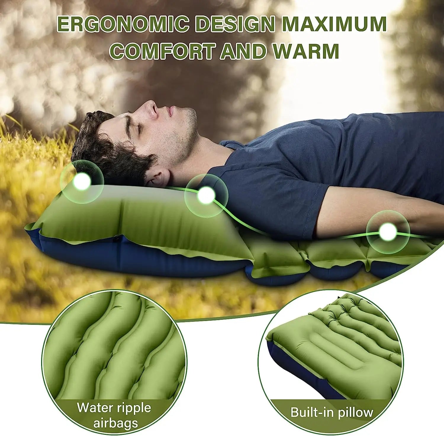 4-Inch Thick Inflatable Camping Sleeping Mat Built-in Pillow And Pump Green-2