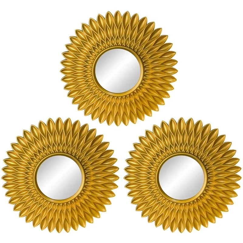 3pcs Gold Mirrors for Wall Decor Home Bedroom Bathroom Hanging Ornament Art Crafts Supplies Golden Sunflower Decorative Mirror