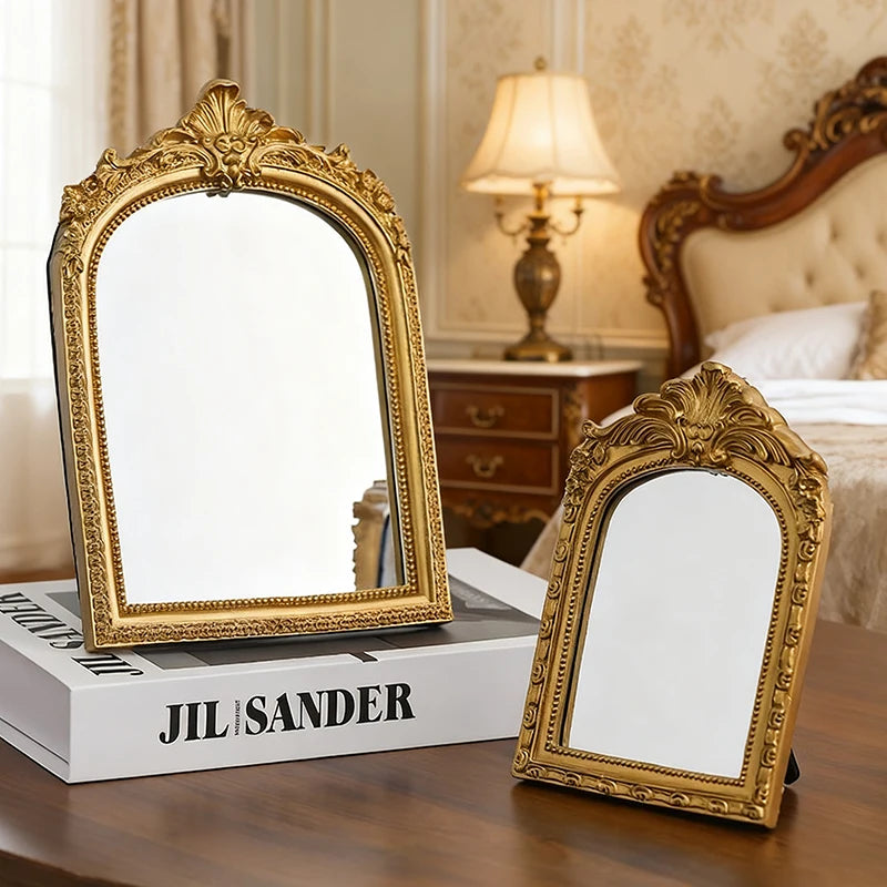 Vintage Arched Carved Mirror Luxurious Desktop Makeup Mirror Home Bedroom Decoration Gift