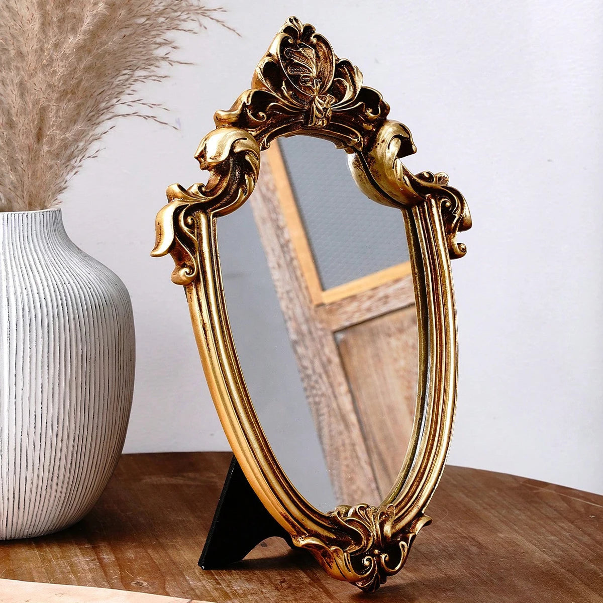1PC, Resin Material European Classical Style Gold Pattern Special-Shaped Mirror Ornament, Can Be Hung or Placed