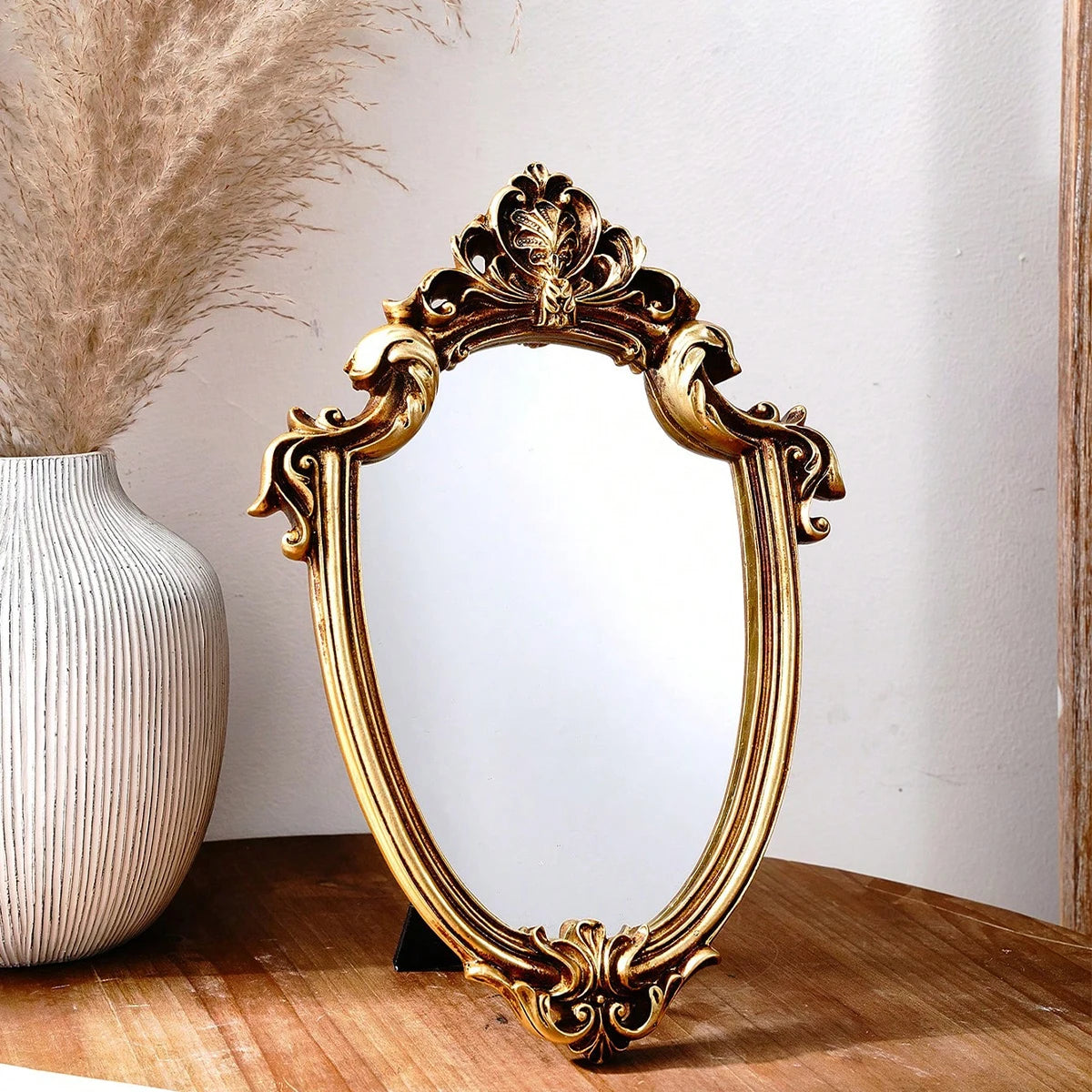 1PC, Resin Material European Classical Style Gold Pattern Special-Shaped Mirror Ornament, Can Be Hung or Placed