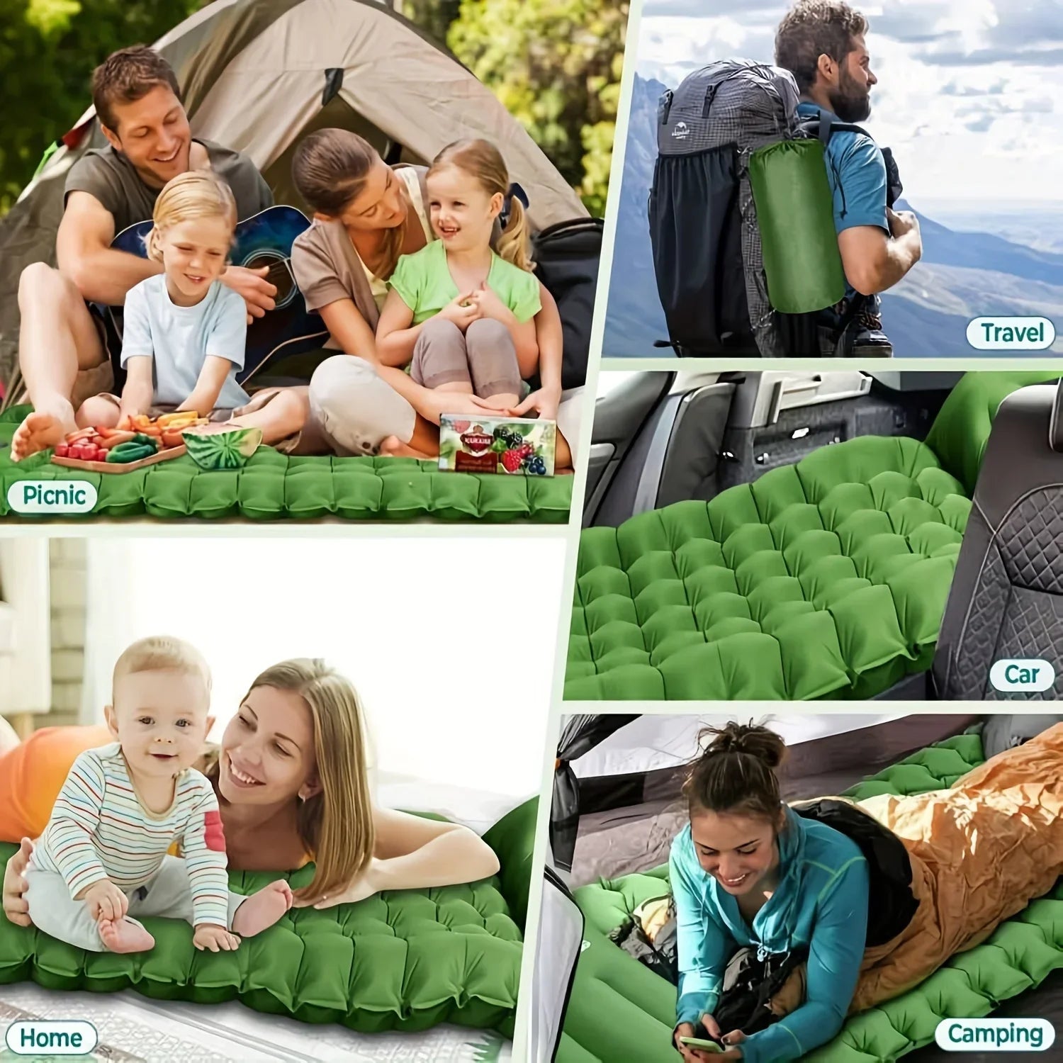 4-Inch Thick Inflatable Camping Sleeping Mat Built-in Pillow And Pump Green-4