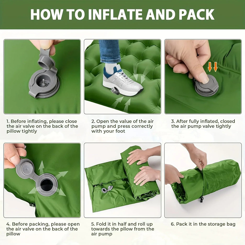 4-Inch Thick Inflatable Camping Sleeping Mat Built-in Pillow And Pump Green-3