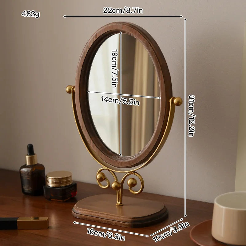 Vintage Wooden Makeup Mirror - Stylish Rotatable Desktop Mirror for Home Use, Practical Bedroom Stand Mirror with Classic Asian