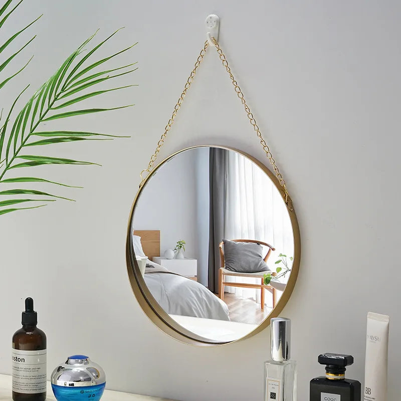 Nordic Metal Bathroom Mirror Round Wall Mount Mirror Hanging Ornament Salon Wall Art Toilet Bathroom Decor Hanging Mirror