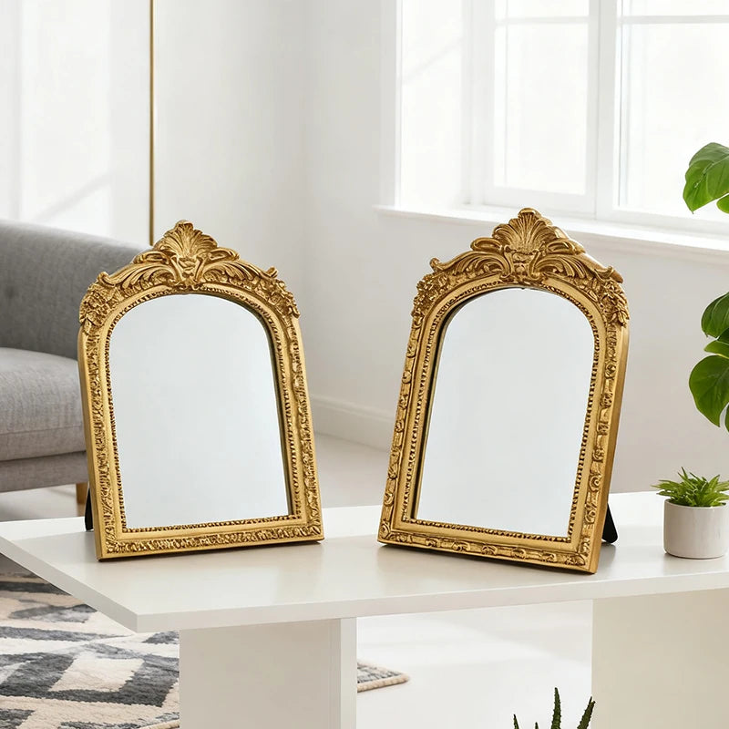 Vintage Arched Carved Mirror Luxurious Desktop Makeup Mirror Home Bedroom Decoration Gift
