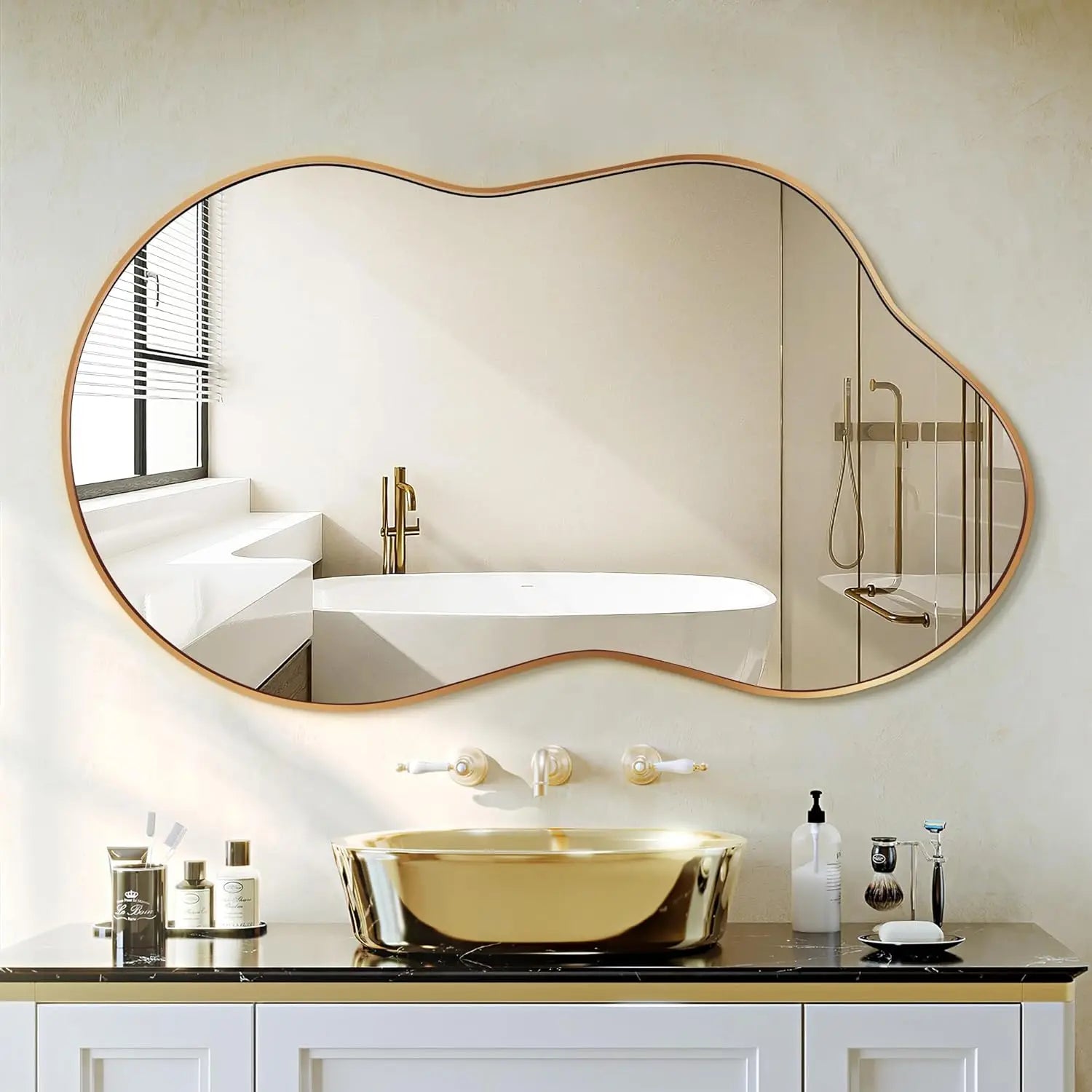 Irregular Wall Mirror Asymmetrical Mirror for Wall 116 x 66 cm Gold/Black Framed Wall Mirror for Living Room Bathroom Entryway