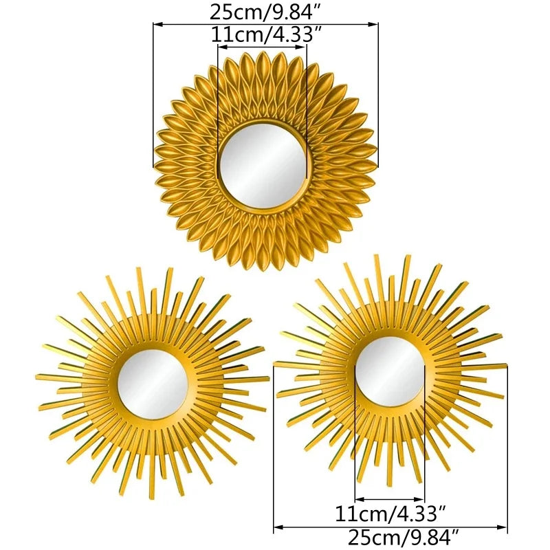 3pcs Gold Mirrors for Wall Decor Home Bedroom Bathroom Hanging Ornament Art Crafts Supplies Golden Sunflower Decorative Mirror