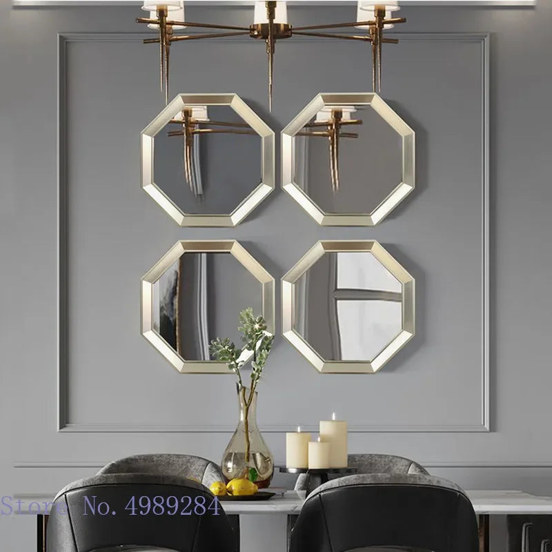 Mirror Wall Glass Wall Hanging Geometric Octagon Golden Border Background Wall Decoration Makeup Mirror Combination Pendant