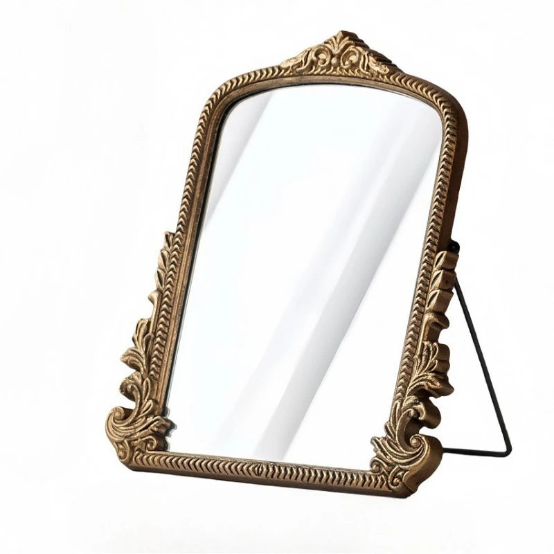 Vintage French Baroque Ornate Wall Mirror Arched Gold Wooden Frame Tabletop Vanity Mirror for Living Room Bedroom Decor
