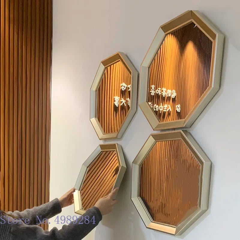 Mirror Wall Glass Wall Hanging Geometric Octagon Golden Border Background Wall Decoration Makeup Mirror Combination Pendant