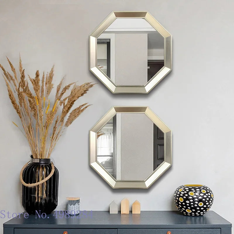 Mirror Wall Glass Wall Hanging Geometric Octagon Golden Border Background Wall Decoration Makeup Mirror Combination Pendant