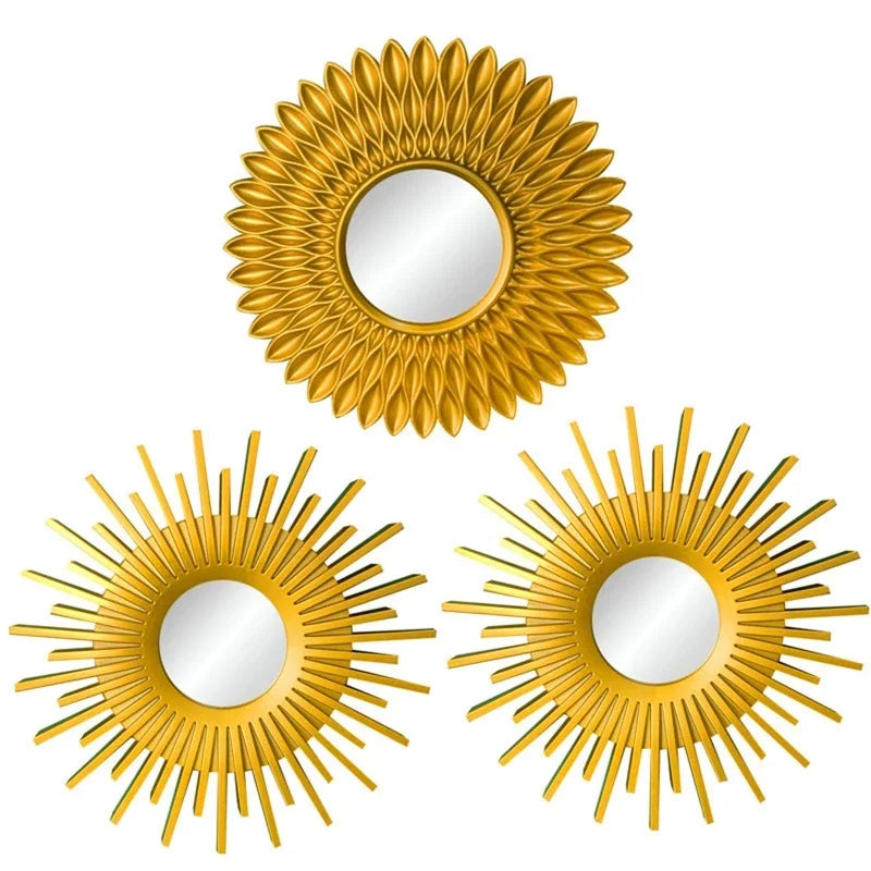 3pcs Gold Mirrors for Wall Decor Home Bedroom Bathroom Hanging Ornament Art Crafts Supplies Golden Sunflower Decorative Mirror