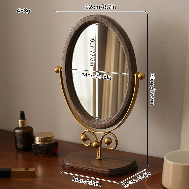 Vintage Wooden Makeup Mirror - Stylish Rotatable Desktop Mirror for Home Use, Practical Bedroom Stand Mirror with Classic Asian