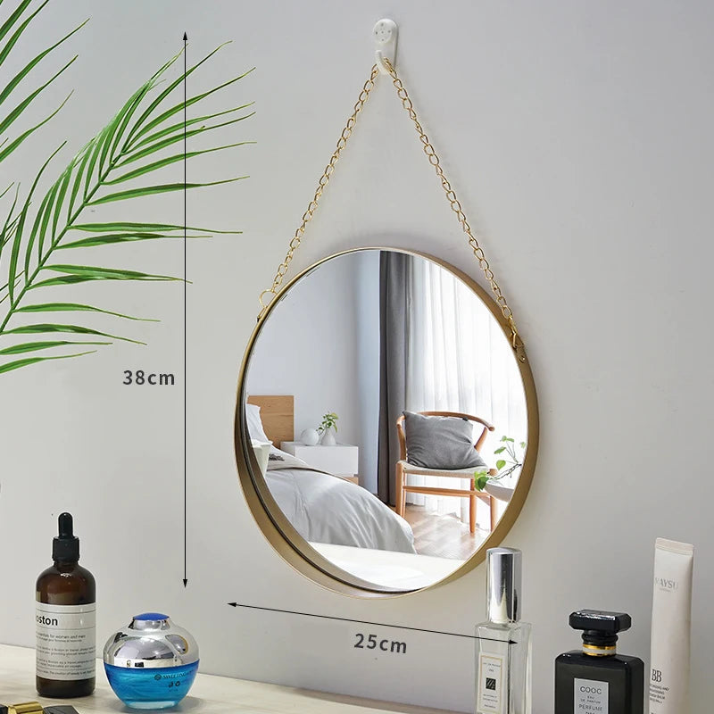 Nordic Metal Bathroom Mirror Round Wall Mount Mirror Hanging Ornament Salon Wall Art Toilet Bathroom Decor Hanging Mirror