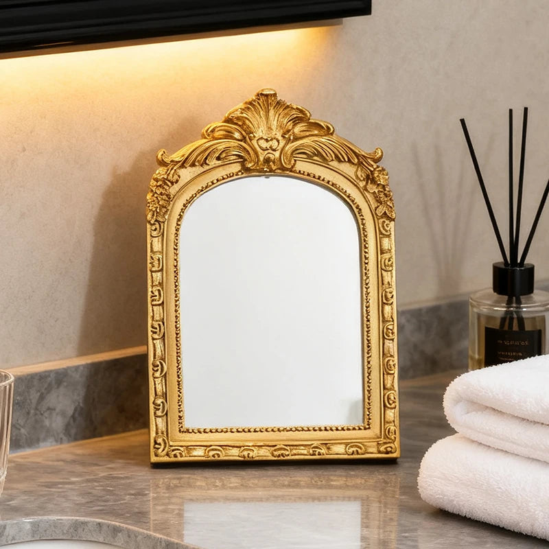 Vintage Arched Carved Mirror Luxurious Desktop Makeup Mirror Home Bedroom Decoration Gift