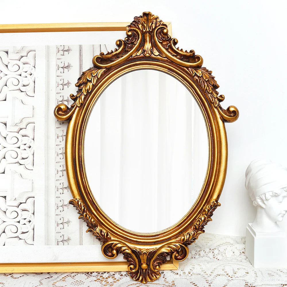 Ornate Gold Oval Mirror, Vintage Baroque Wall Decor Mirror, 37.5cm Hanging Mirror for Home