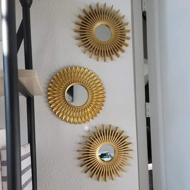 3pcs Gold Mirrors for Wall Decor Home Bedroom Bathroom Hanging Ornament Art Crafts Supplies Golden Sunflower Decorative Mirror