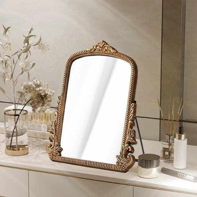 Vintage French Baroque Ornate Wall Mirror Arched Gold Wooden Frame Tabletop Vanity Mirror for Living Room Bedroom Decor