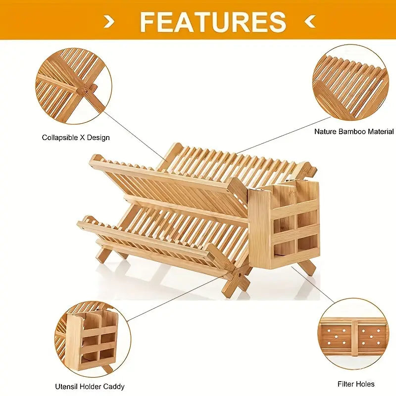 High Quality Natural Bamboo Dish Rack - Foldable and Compact-1