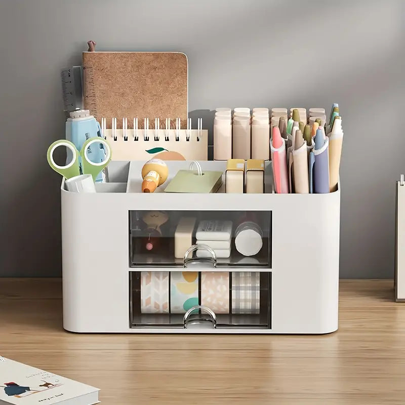 White Pen Organizer with 2 Drawers - Multi-Functional Desk and Office Supplies Holder- White-4