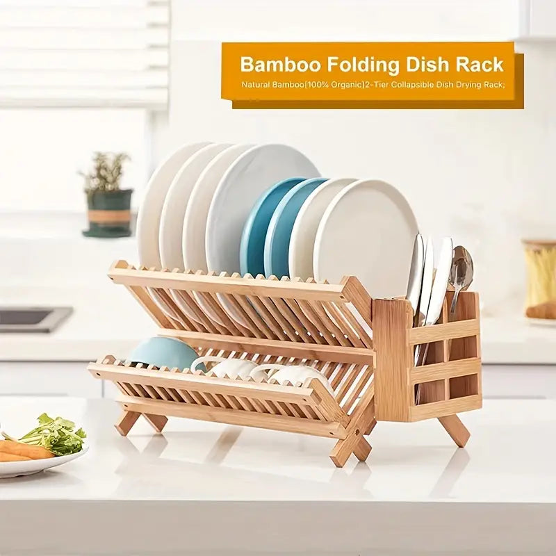 High Quality Natural Bamboo Dish Rack - Foldable and Compact-3