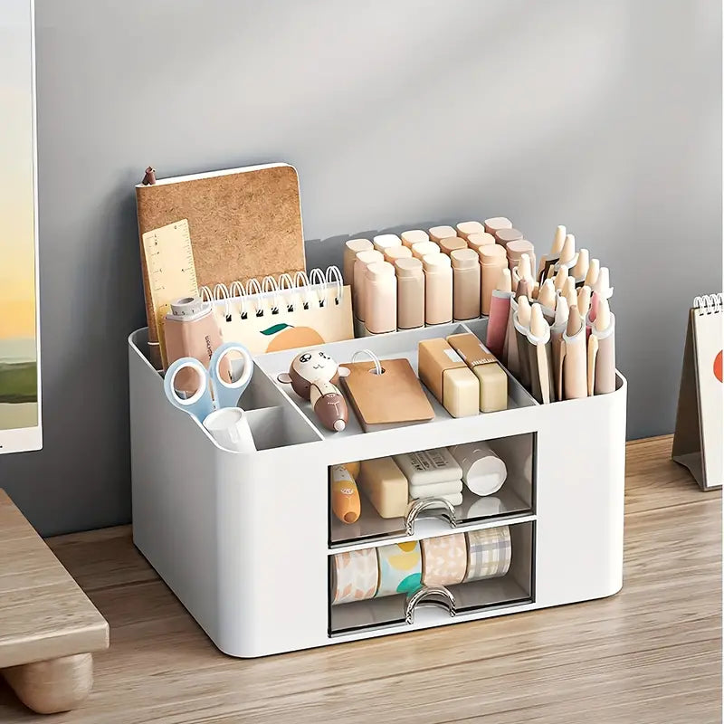 White Pen Organizer with 2 Drawers - Multi-Functional Desk and Office Supplies Holder- White-3