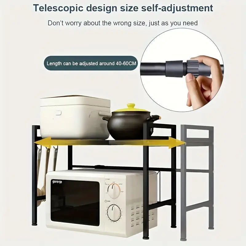 Retractable Microwave Oven Storage Rack - Single Layer, Countertop Bracket Shelf (Black)-3